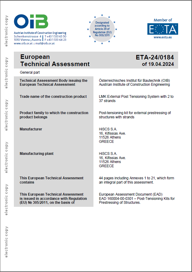 European Technical Assessment Document (ETA) for LMK External Post Tensioning Kit